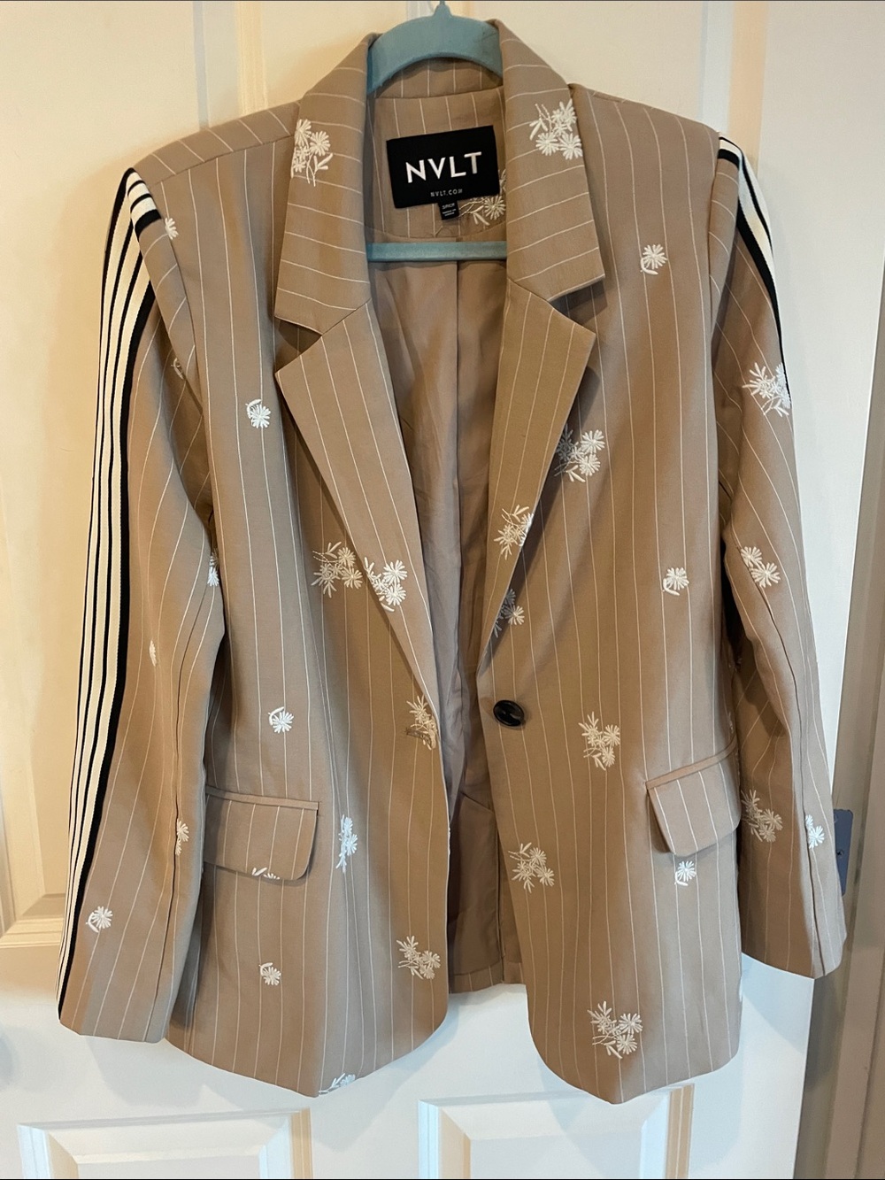 NVLT Tan Pinstripe Blazer with White Floral Embroidery